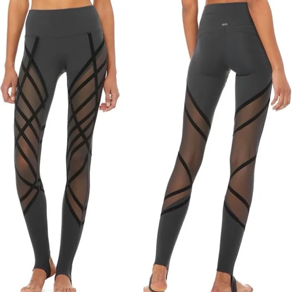 ALO Yoga Stirrup Leggings Gray w/Black Criss Cross Over Mesh Panels Size Small